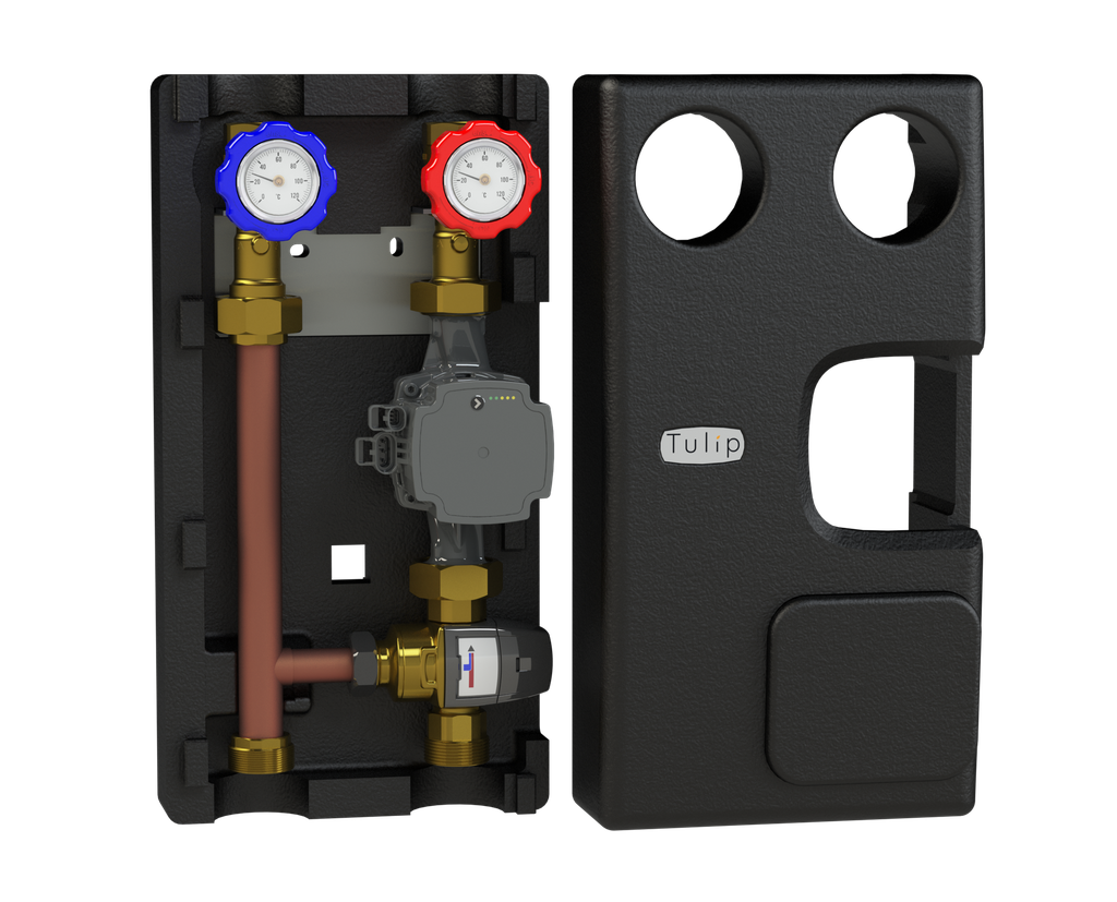 Mixed circuit pump group, including shut-off valves and temperature gauges